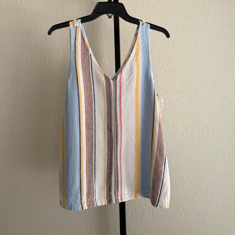 Colorful Striped V Neck Sleeveless Tank Large Multicolor Linen Vacation Beach - Picture 1 of 9